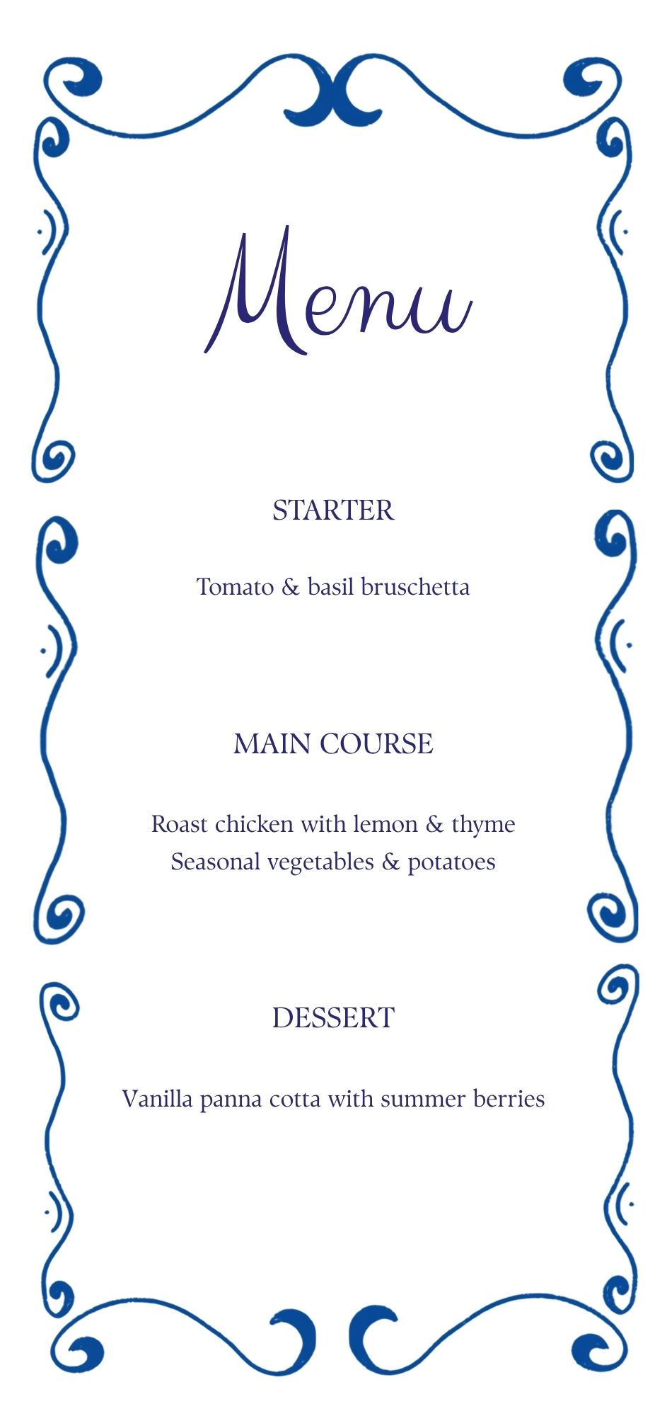 Editable Blue Wedding Menu Template | French Kiss Suite | Printable Canva DL Menu